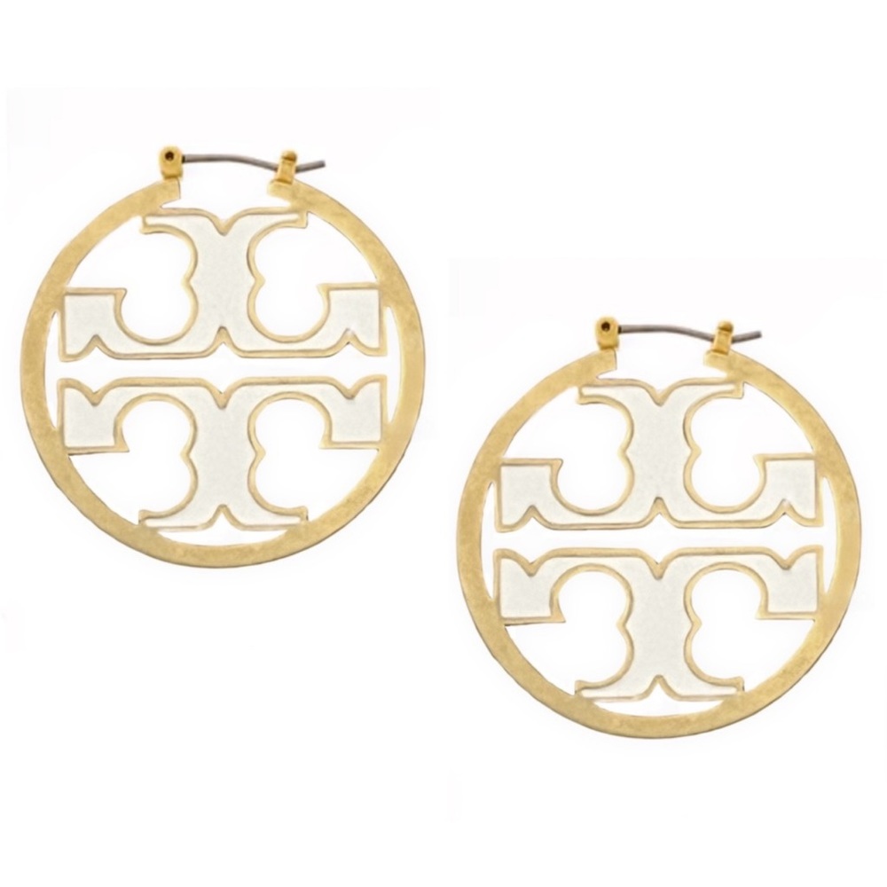 TORY BURCH • White Miller Logo Hoop Earrings - Picture 1 of 3